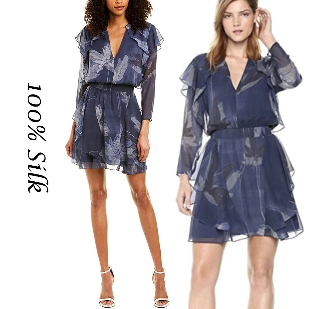 NEW! HALSTON HERITAGE 100% Silk Flutter Floral print Dress, Blue Moon, Sz 0